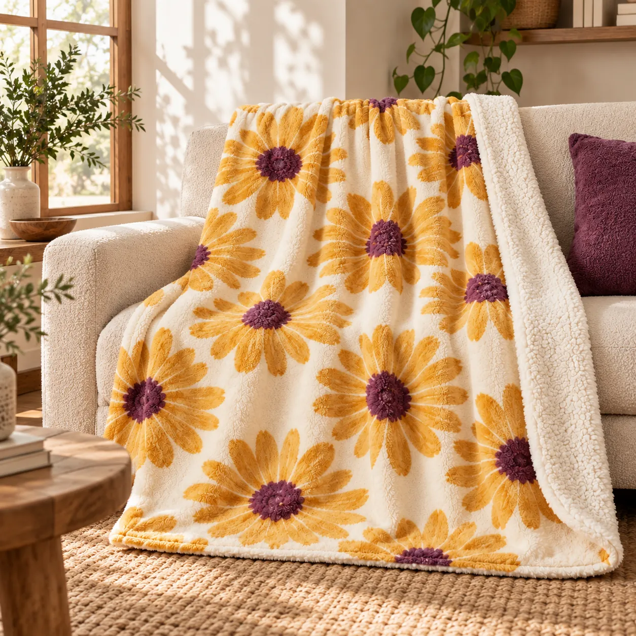Amber Daisy Sherpa Blanket — lifestyle design mockup