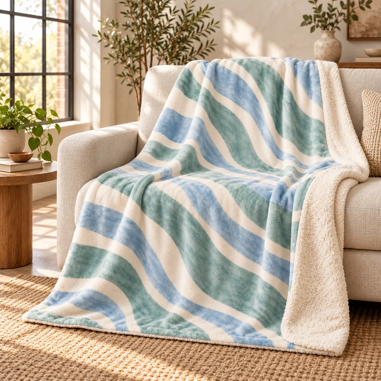 Coastal Drift Sherpa Blanket — lifestyle design mockup