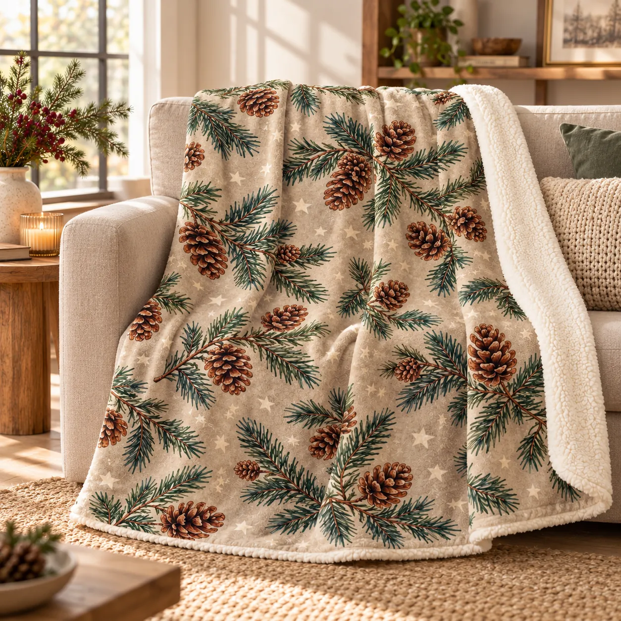 Pinecone Hearth Sherpa Blanket — lifestyle design mockup