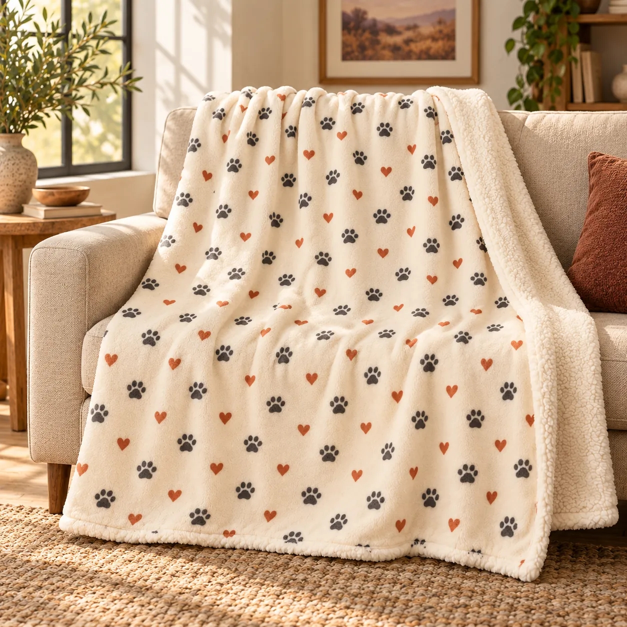 Pawprint Patch Sherpa Blanket — lifestyle design mockup