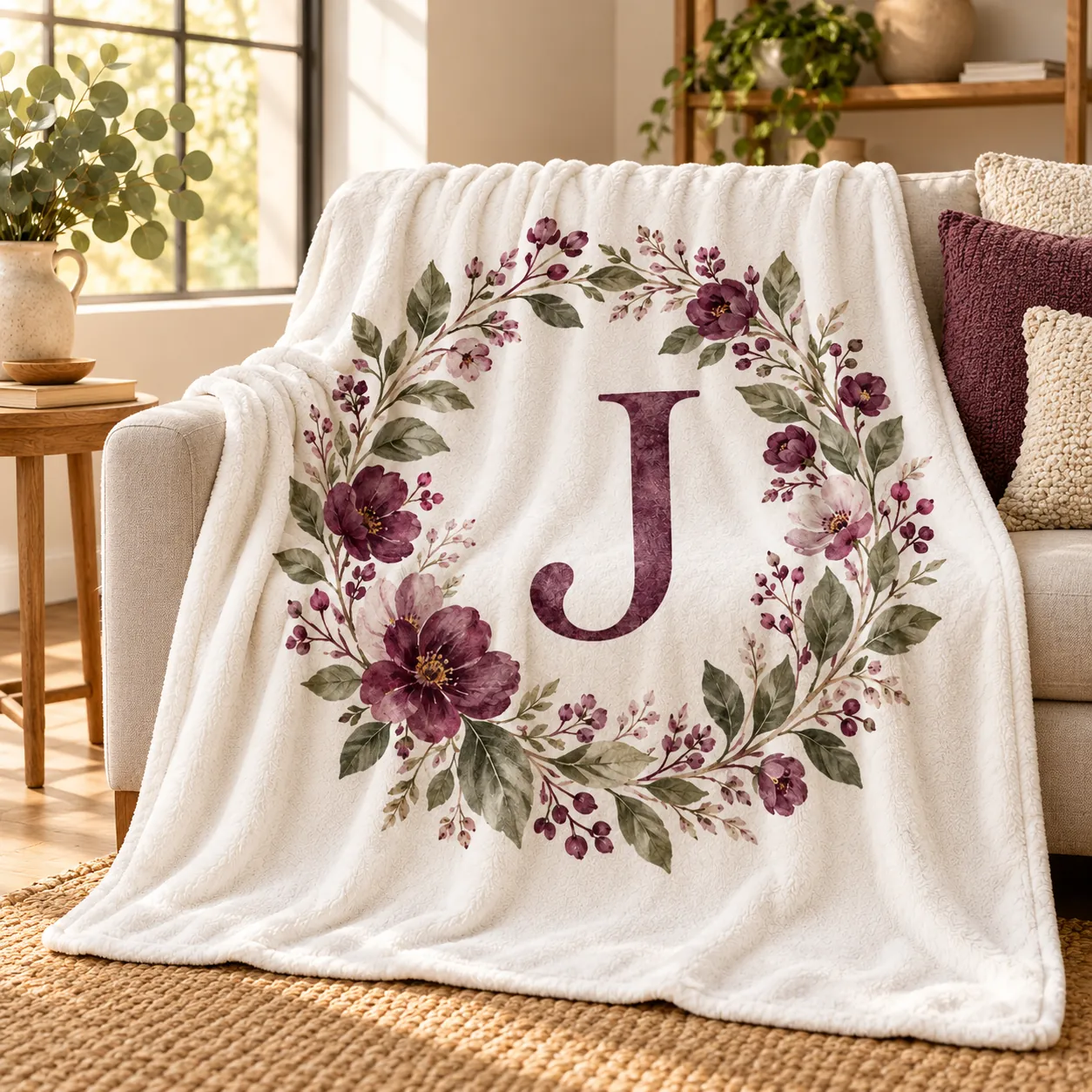 Petal Initial Plush Fleece Blanket — lifestyle design mockup