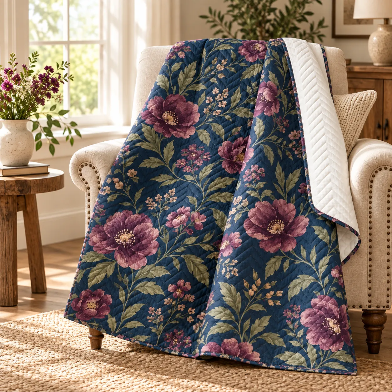Moonlit Garden Quilted Throw — lifestyle design mockup
