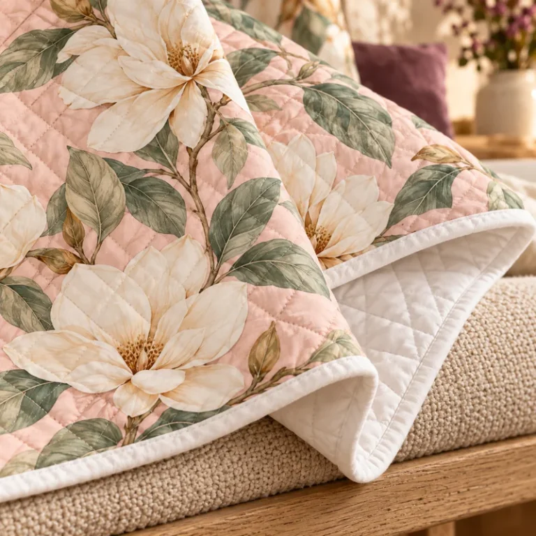Magnolia Calm Quilted Throw — fabric quilt design illustration