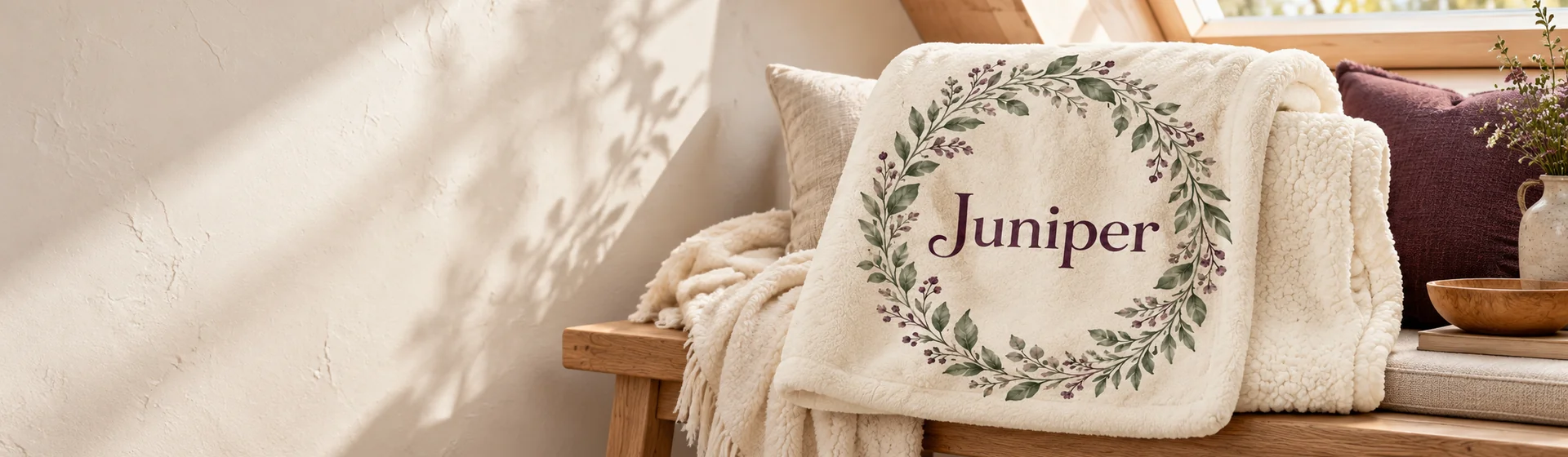 Juniper Name Sherpa Blanket — home hero design illustration
